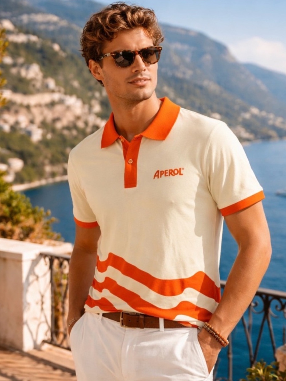 Aperol promotional polo cream with orange trim and trim US open